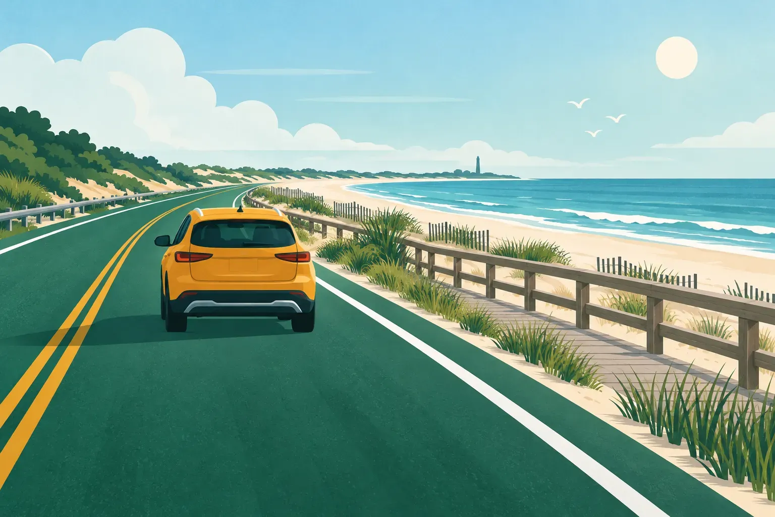 A highway along the shore with a boardwalk, a typical landscape of New Jersey