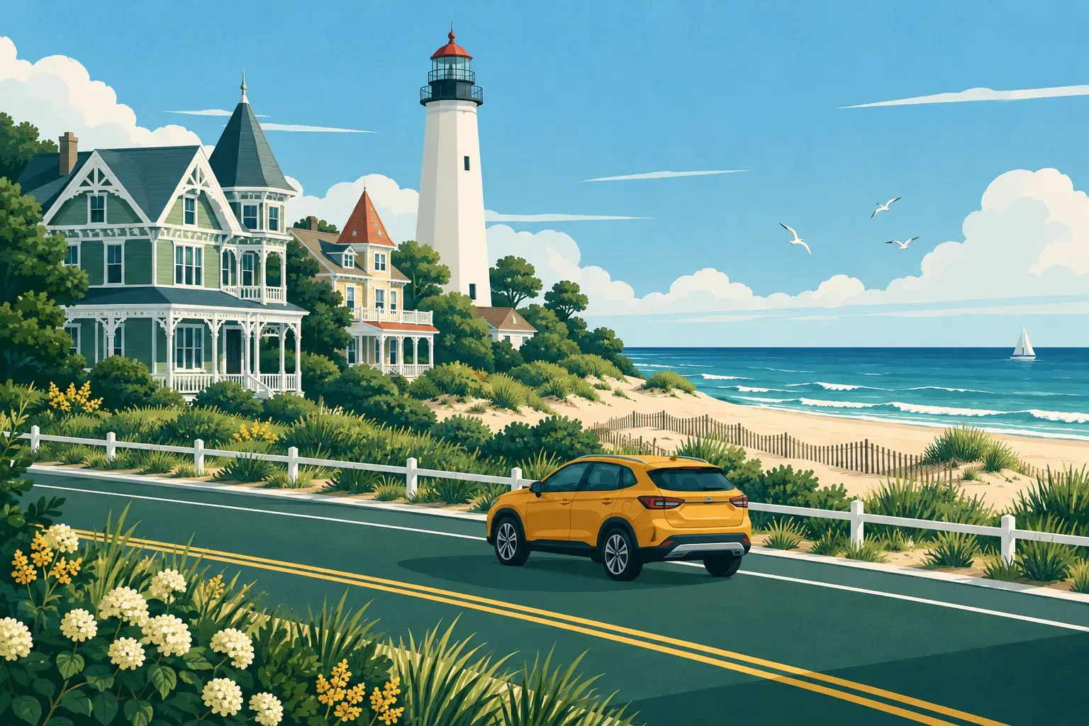 A Victorian seaside town with a lighthouse at Cape May, in New Jersey